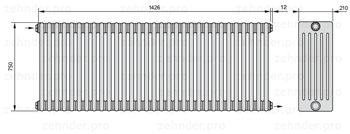 Схема (чертеж) Радиатор Zehnder Charleston 6075/31 №1670 Белый глянцевый RAL 9016